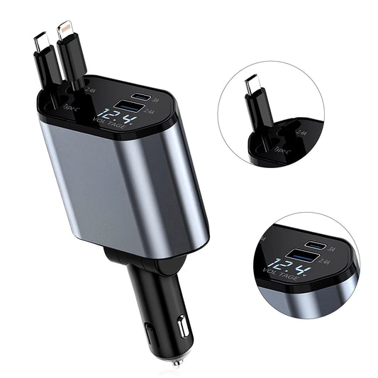 Retractable 4-in-1 Car Charger with 100W Quick Charge & Dual USB Ports